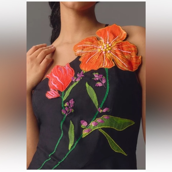 Anthropologie Yukiko Noritake Asymmetrical Floral Midi Dress Black Combo Orange - Picture 5 of 9